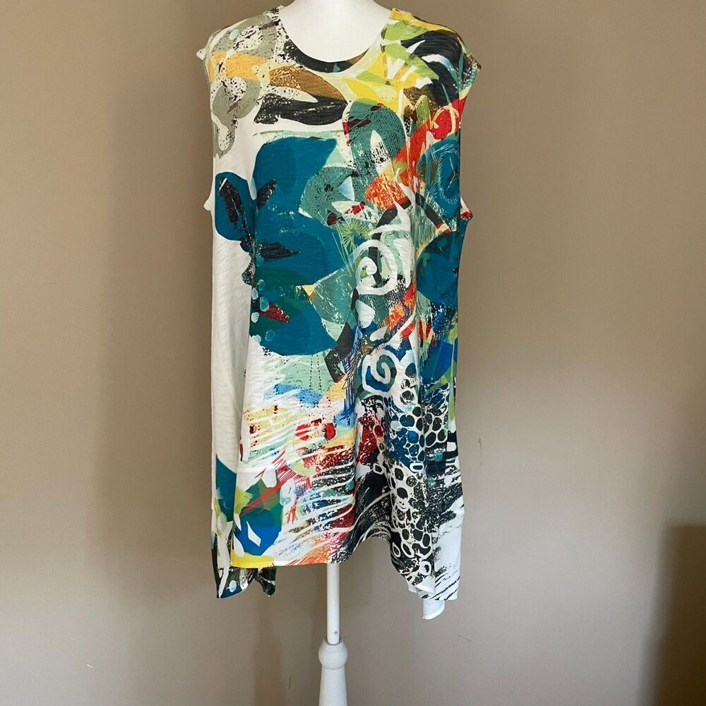 Inoah Art To Wear XL Tank Tunic Top Asymmetrical Hem Scoop Neck Cap Sleeves